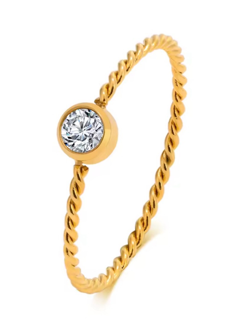 Gold Twisted Band Ring with Clear Solitaire Stone - Women's Jewelry